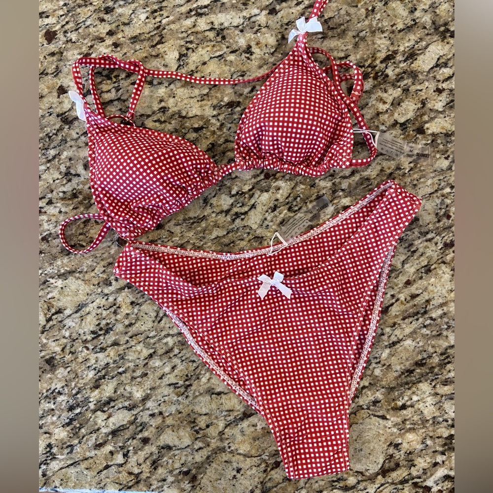 Red Gingham Triangle Bikini Set with White Bow Detail